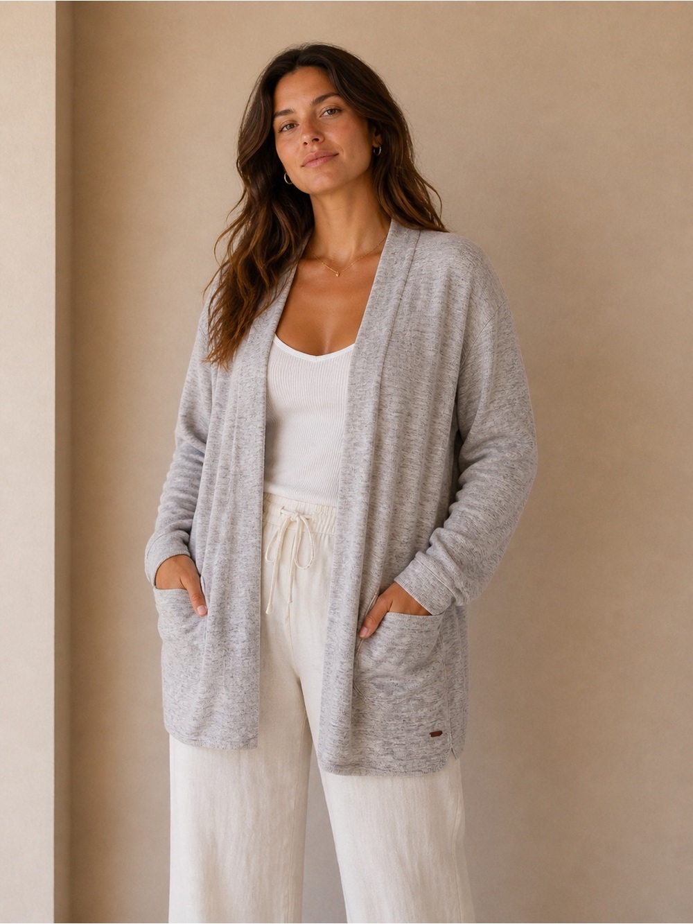 Women's Light Gray Open-Front Cardigan - Size Large - Casual At Home Clothes